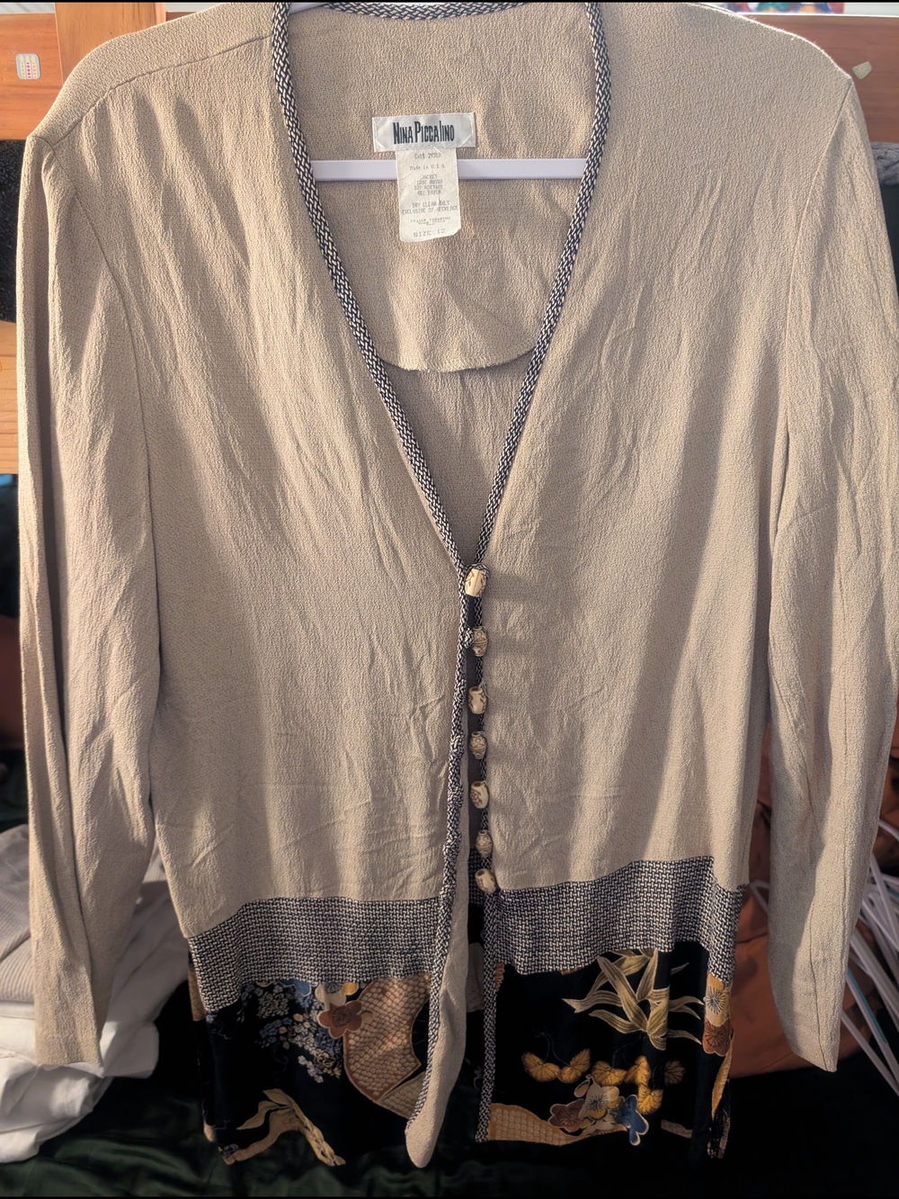 Nina Piccalino Beige Cardigan with Black Patterned Hem